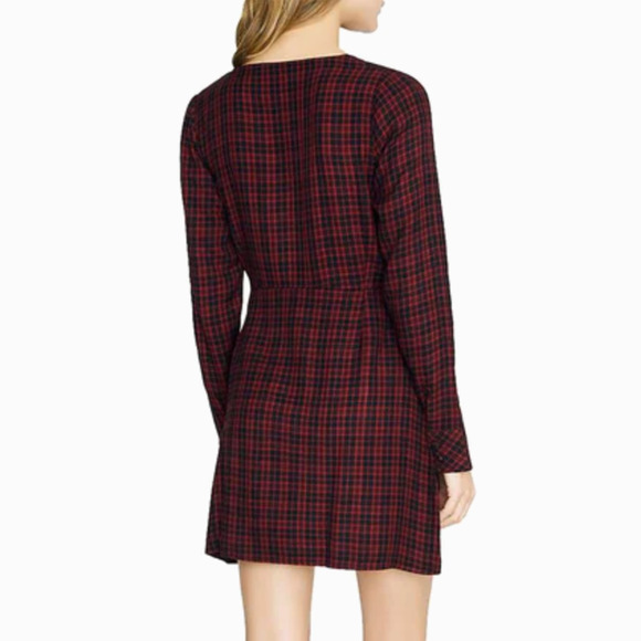 NWT Sanctuary Upbeat Faux Wrap Red Plaid Surplice V-Neck A-Line Mini Dress 8 - Picture 2 of 14